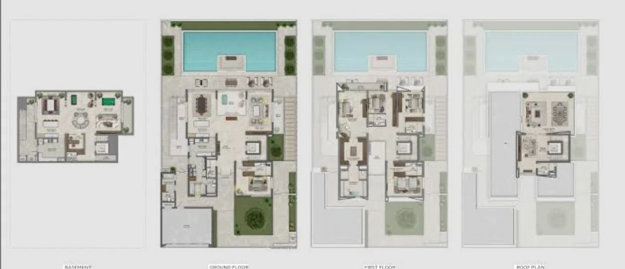 The Oasis by Emaar, Planimetria tipo: seminterrato, piano terra, primo piano e rooftop